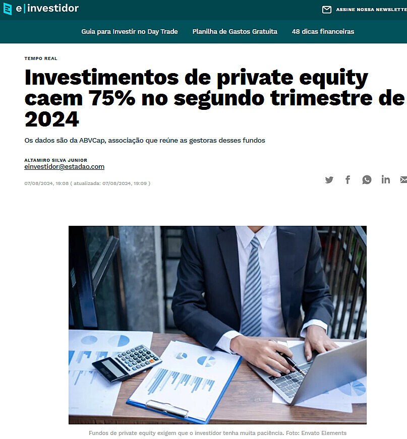 Investimentos de private equity caem 75% no segundo trimestre de 2024